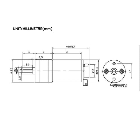 Technical drawing of 12V Encoder Gear Motor for Robotics showing dimensions and specifications in millimeters.
