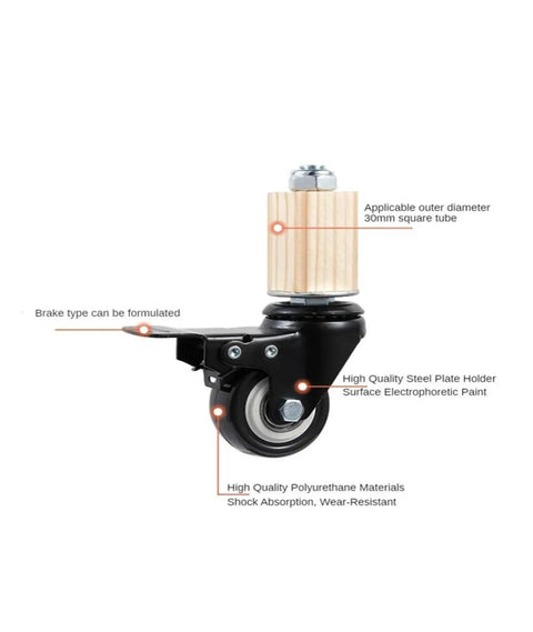 Close-up of a Pack Of 4 3-Inch Stainless Steel Stem Casters With Brakes, Red Universal Wheels For Furniture with 30mm square tube