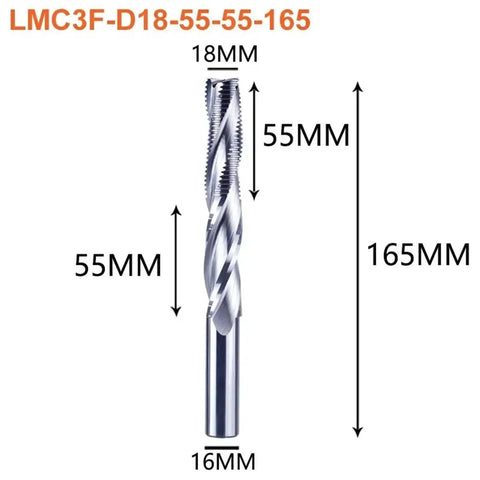 Top-Shelf 18mm 16mm CNC Up Cut End Mill 3 Flute Spiral Carbide Router Bit for Hardwood and Softwood Doors Windows Workhorse Milling Tool Clears Chips like a Dream Heavy Duty Razor Sharp Design with dimensions labeled.