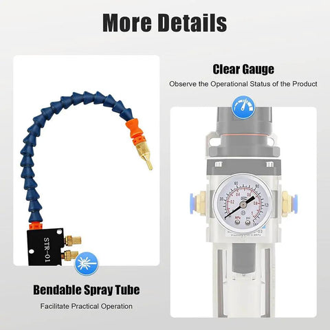 Heavy Duty No Sweat Coolant Spray Pump Kit With Dual Nozzle Lubrication System For Cnc Lathe Milling And Drilling Machines clear gauge and bendable spray tube details.