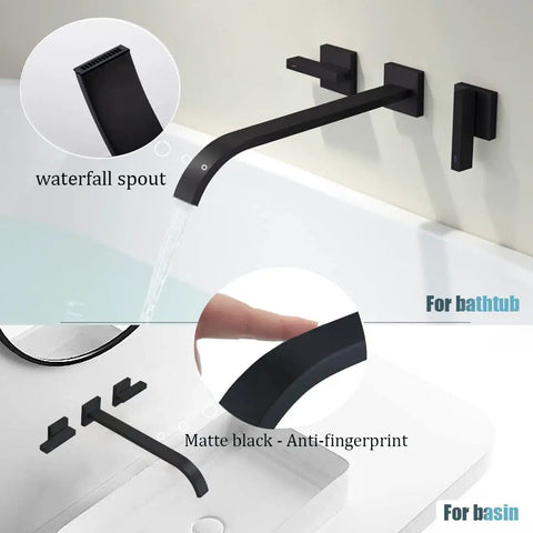 Matte Black Wall Mount Bathtub Filler With High Flow And Extra Long Reach Dual Handle Bath Filler Faucet For Tub And Basin