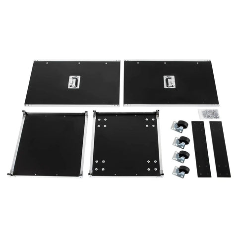 Rock Solid 16U Portable Rolling Network Rack Studio Server Cabinet parts laid out, black panels and metal casters for assembly.