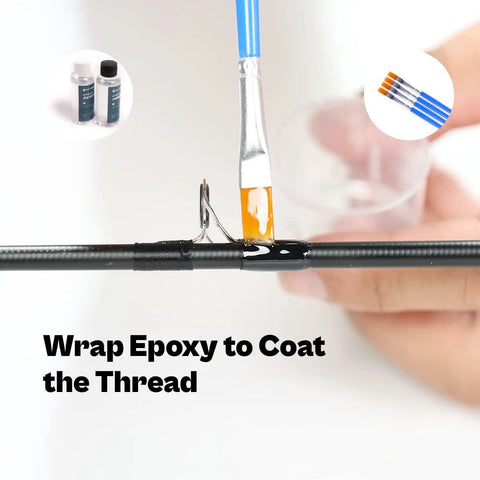 Fishing Rod Repair Kit With Epoxy Glue Wrapping Thread Clipper And Masking Tape, applying epoxy to rod thread close-up.