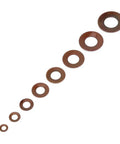8 Types Belleville Compression Spring Disc Washer For Heavy Duty Load With Variable Stiffness Disk Spring And Compact Shock Absorber Design For Clutches Safety Valves And Precision Machinery. Eight brown disc washers on white background.