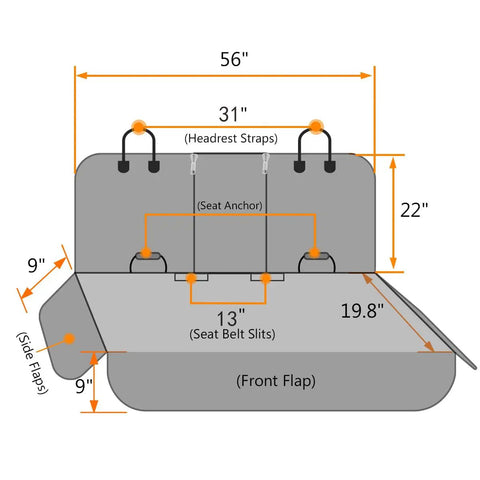 Diagram of Waterproof Dog Car Seat Cover With Side Flap for Cars Trucks SUVs showing dimensions and features