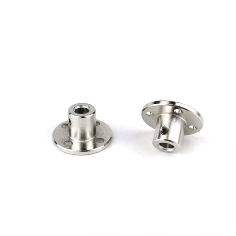 Two silver metal flange shaft couplings with mounting holes (front and side views)