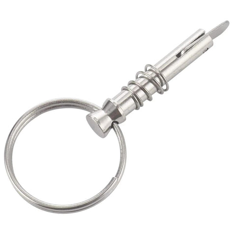 Stainless steel quick-release pin with drop cam and spring; 1/4 inch dia, 0.9 inch usable length, marine hardware.