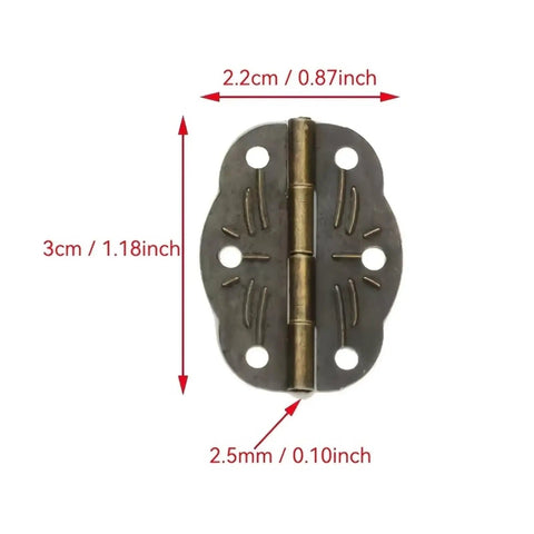 Six Sets Of Mini Bronze Colored Cabinet And Drawer Door Hinges With Soft Close Dampers For Quiet No Slam And Smooth Move Ideal For Jewelry Boxes And Small Furnishings 30x22mm, showing dimensions 3x2.2cm