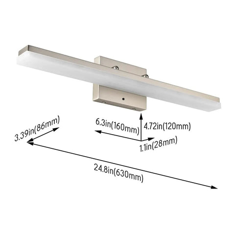 Diagram of 24 Inch Dimmable LED Vanity Light With Three Color Temperatures 3000K 4000K 5000K, brushed nickel, dimensions labeled