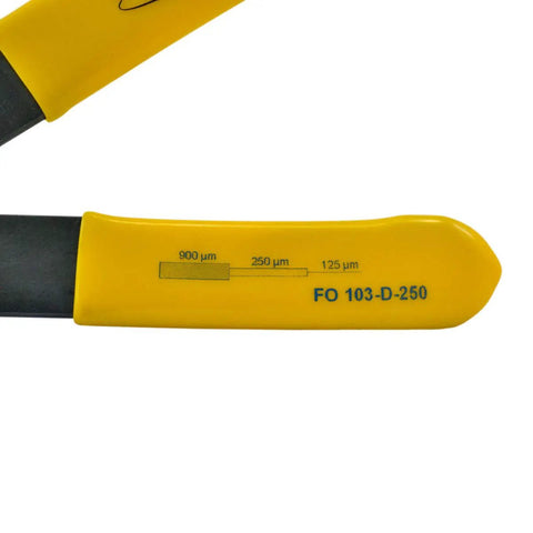 Close-up of the FO 103 D Series Dual Hole Fiber Optic Stripper handle showing measurement markings.