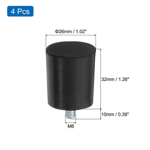 Four Pack Adjustable Rubber Leveling Feet For Tables And Chairs With M6 X 10mm Studs, 1.02 By 1.26 Inches, Black