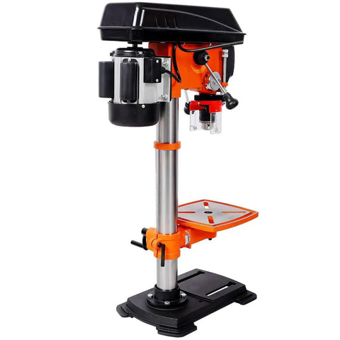 8 Inch Benchtop Drill Press With Laser Positioning For Wood And Metal featuring cast steel frame and adjustable tilting table.