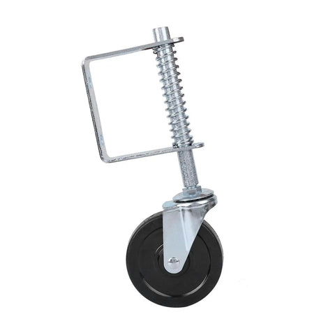 Heavy Duty 4 Inch Rubber Gate Roller With Spring Loaded Swivel for hassle free fence gate operation, featuring a solid rubber wheel.