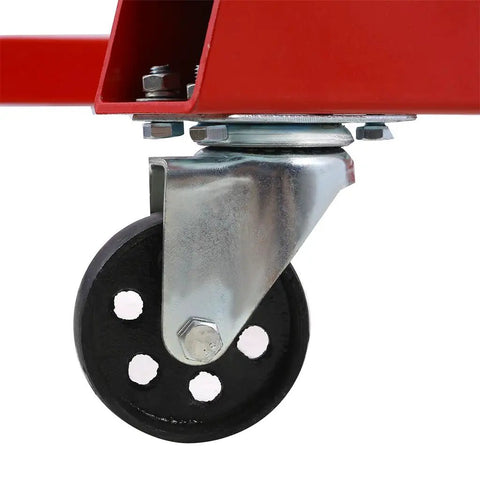 Heavy Duty Two Ton Hydraulic Engine Hoist And Foldable Cherry Picker Shop Crane With Roll Around Caster Wheels, close-up of caster wheel and mount.