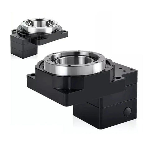Rock Solid Hella Precise Cnc Hollow Rotary Platform With Cross Roller Bearings And Ten To One Ratio For Tight Cutting Tables And Quick Automation Projects, top view showing the durable black body and stainless steel bearing.