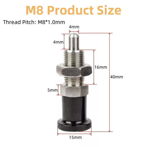 M8 Non Locking Tough As Nails Stainless Steel Push Fit Ball Nose Spring Plunger Retractable Indexing Pin with size details.