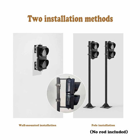 Heavy Duty Traffic Light Featuring Ridiculously Bright Red Green Dual Leds Built Like A Tank For Dock Operations Ip 65 Weather Resistant Warning Beam Anti Glare Sun Shield showing wall-mounted and pole installation options.