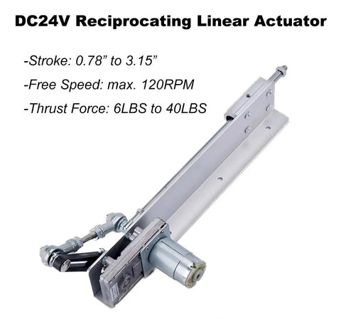 Side view of DC24V reciprocating linear actuator with motor, mounting bracket, and end connector
