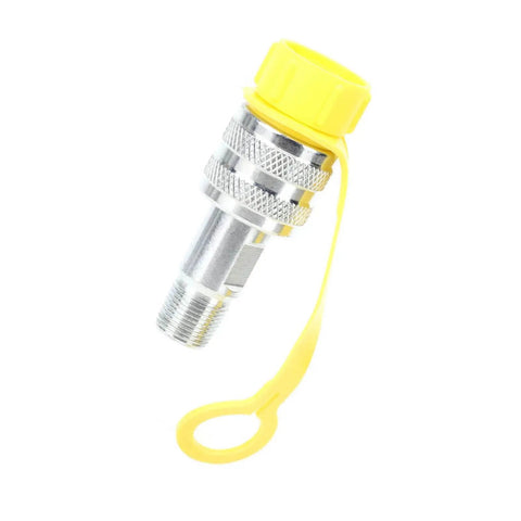 Heavy Duty Hydraulic Quick Connect Couplers ZG3/8 Plated Male Female Adapter Kit with yellow safety cap and securing strap.