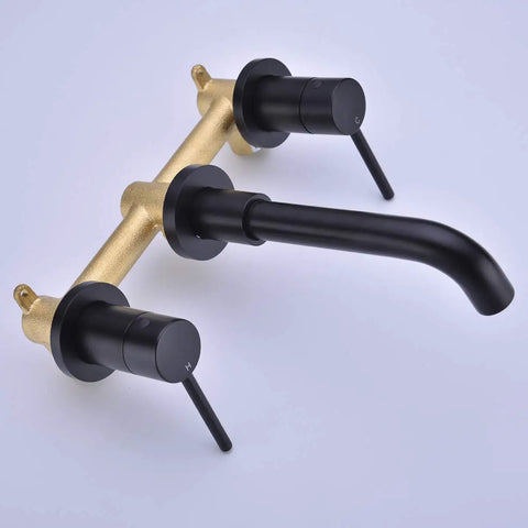 Brass Matte Black Dual Handle Wall Mounted Bathroom Faucet With Rough In Valve No Frills Install, 360 Degree Rotating Spout, 208mm Reach