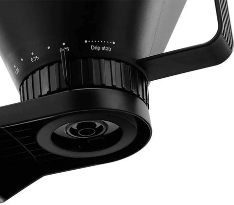 Close-up of Heavy Duty Fully Automatic Espresso And Drip Coffee Maker With Digital Display, drip stop feature and measuring marks.