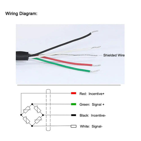 Wiring diagram showing red, green, black, white wires for Static Torque Sensor With Flange To Square Drive For Torque Wrench Calibration.