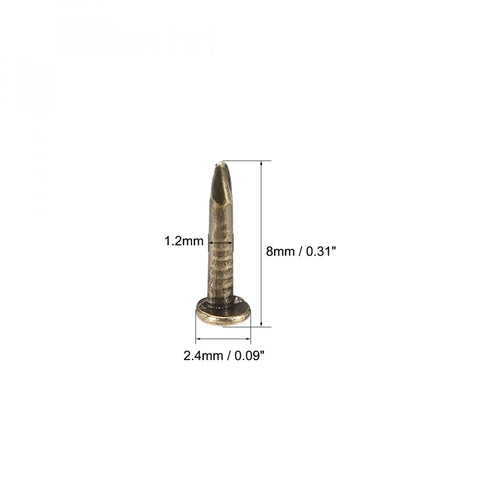 Top Shelf Solid Tiny Nails For Wood Crafting And Picture Frames Copper Plated Carbon Steel Fasteners close-up view of 8mm nail.