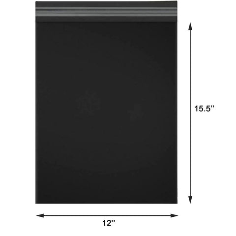Image of a 12x15.5 inch black biodegradable shipping bag from a 50 count pack, compostable poly mailer with size dimensions shown.
