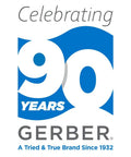 Celebrating 90 Years Gerber logo in blue and white with text 'A Tried & True Brand Since 1932'