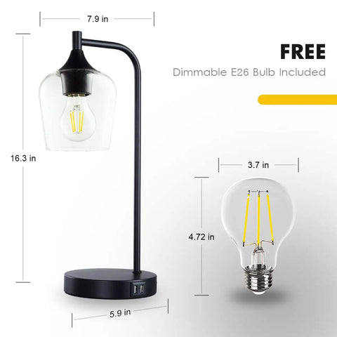 Cozy Industrial Table Lamp For Living Room With 2 USB Ports, Black Nightstand Lamp, Clear Glass Shade, E26 Bulb Included