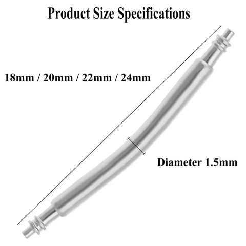 10 Pcs Curved Spring Bars For Watch Bands, 1.5mm Stainless Steel Double Flanged Pins fit 18 20 22 24mm with size specifications.