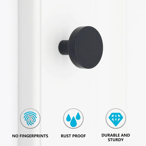 Sleek Matte Black Cabinet Knobs And Dresser Handles 30 Pack Heavy Duty Aluminum Alloy Kitchen Drawer Pulls waterproof rust resistant knob on white cabinet.