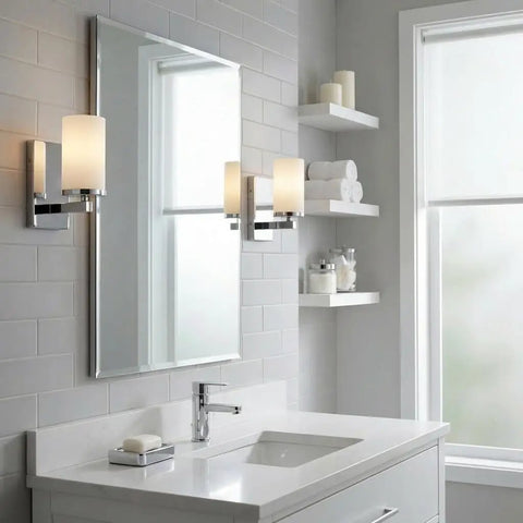 Crosby 9.25 Inch Chrome Wall Sconce With Satin Etched Cased Opal Glass 1 Light Modern Vanity Light in bathroom setting
