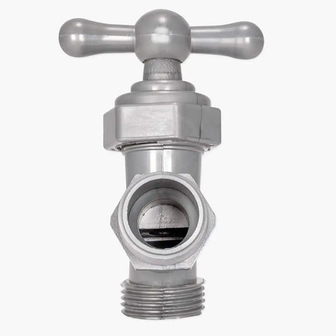 Pro Level Celcon Hose Bibb With 3/4 Inch Male Pipe Connection For Outdoor Irrigation And Garden Hoses. Front view, silver finish.