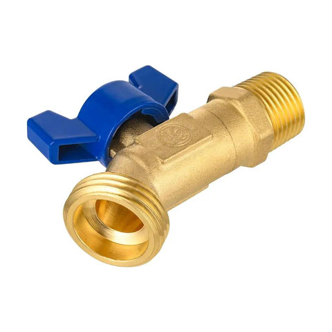 Pro Level Outdoor Spigot With One Half Inch Male Npt Inlet Plus Three Quarter Inch Male Ght Hose Bibb Fitting with blue handle.