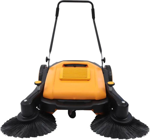 41.34 Inch Heavy Duty Manual Floor Sweeper With 14.53 Gal Dustbin For Outdoor Patios Driveways High Efficiency Hand Push Brush Sweeping Tool front view with two bristle brushes.