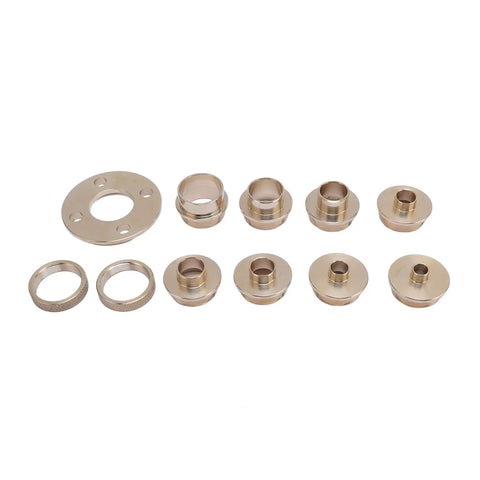 Pro Gear 11 Piece Router Template Guide Set With Solid Brass Bushings And Smart Adapter For Smooth Woodworking Repairs featuring brass guide bushings and twin nuts.