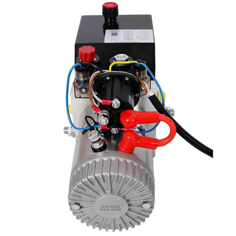 Heavy Duty 12V DC Hydraulic Power Unit With Double Acting Motor And 3 Quart Steel Reservoir, front view of components and connections.