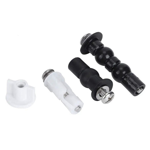 Universal Toilet Seat Bolt Replacement Kit In Stainless Steel Heavy Duty Gear includes black and white bolts for toilets.