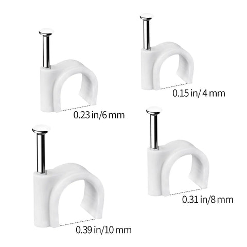 Cable Nail Clips Set 400 Pack With 4mm 6mm 8mm 10mm Sizes, Beefy Heavy Duty Steel Nails, White Finish, Rust Resistant And Easy Cable Organization For Home And Office. White cable nail clips with 4, 6, 8, 10 mm sizes and steel nails