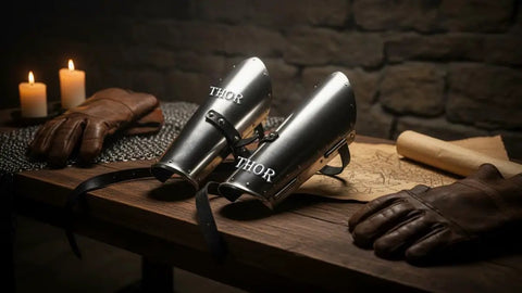 Functional Medieval Knight Armor Arm Guard Bracer In 18 Gauge Steel For Cosplay LARP And Historical Display on wooden table