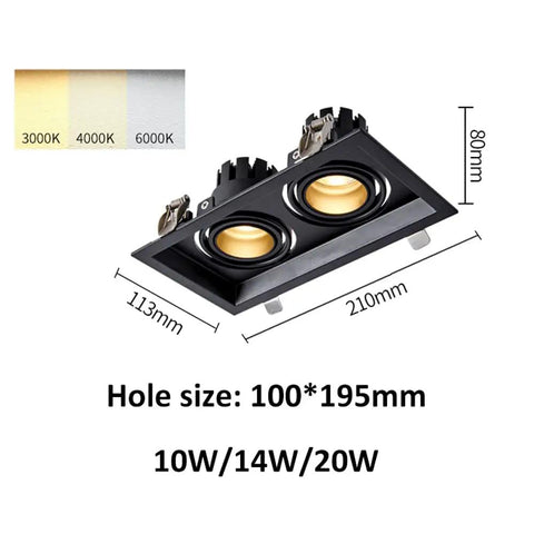 Six Pack Slick Adjustable Gimbal Eyeball Canless Downlight Led Dimmable Recessed Light 10W 14W 20W Two Head Retrofit Spotlight with size dimensions.