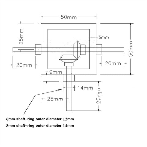 Technical diagram of One To One Right Angle Bevel Gearbox For DIY Projects, 8mm shaft size, dimensions detailed, gearbox design view.