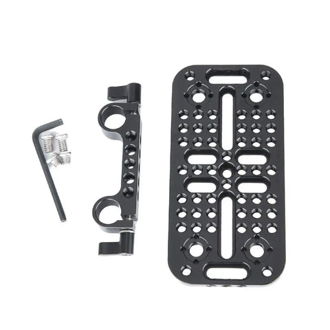 Pro Camera Cheese Mounting Plate With 15mm Rod Clamp Built Like A Tank For DSLR Videography Rigs and Cinema Mods showing parts including screws.