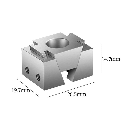 Rugged Aluminum Ok Clamp Fixturing for CNC Machining Center, 26.5mm x 19.7mm x 14.7mm, side-threaded hole for semicircular jaws.