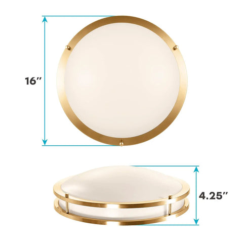 Dope 16 Inch LED Flush Mount Ceiling Light with 5 Color Temperature Options, Brass Finish, Side and Front View