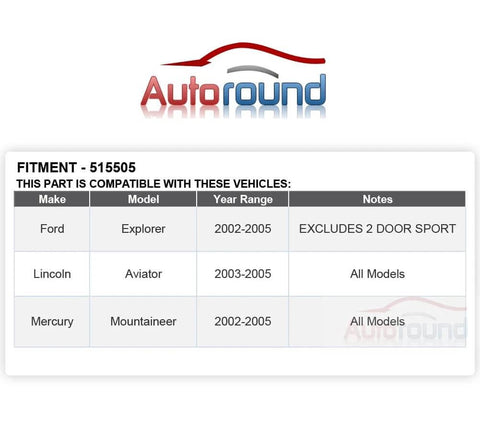 Compatibility chart for 515050 Front Wheel Hub and Bearing Assembly, Ford Explorer, Lincoln Aviator, Mercury Mountaineer, 2002-2005 models.