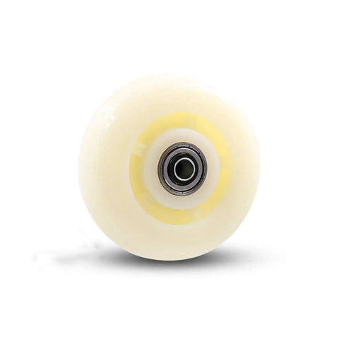 Pro Grade Heavy Duty Swivel Caster Wheels That Roll Hella Smooth For Couches Desks Cabinets And Rolling Carts 360 Silent Nylon Roller Steel Bracket Mount Pack Of Four close-up of nylon caster wheel with steel bearing.