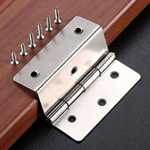 Vintage 59mm 6-Hole Three-Fold Hinges Set for Cabinets Boxes and Suitcases, zinc alloy with screws, shown installed on wood.