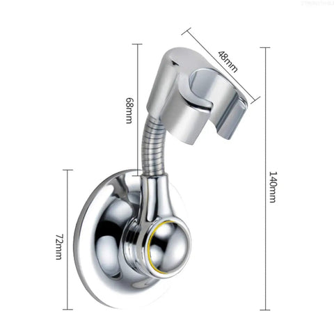 Shower Head Holder With Suction Cup, Adjustable Height, 360 Degree Rotating, chrome silver, product dimensions visible.